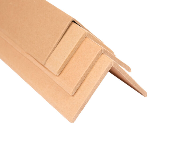 Cardboard angular edge protectors for protection goods while transportation isolated on white. Transport packaging for protecting goods against damage in transit. Sustainable packaging concept